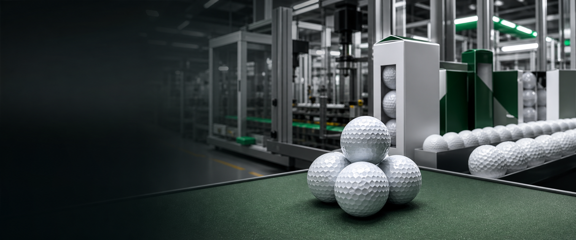 Golf balls moving through a modern YHogolf production line